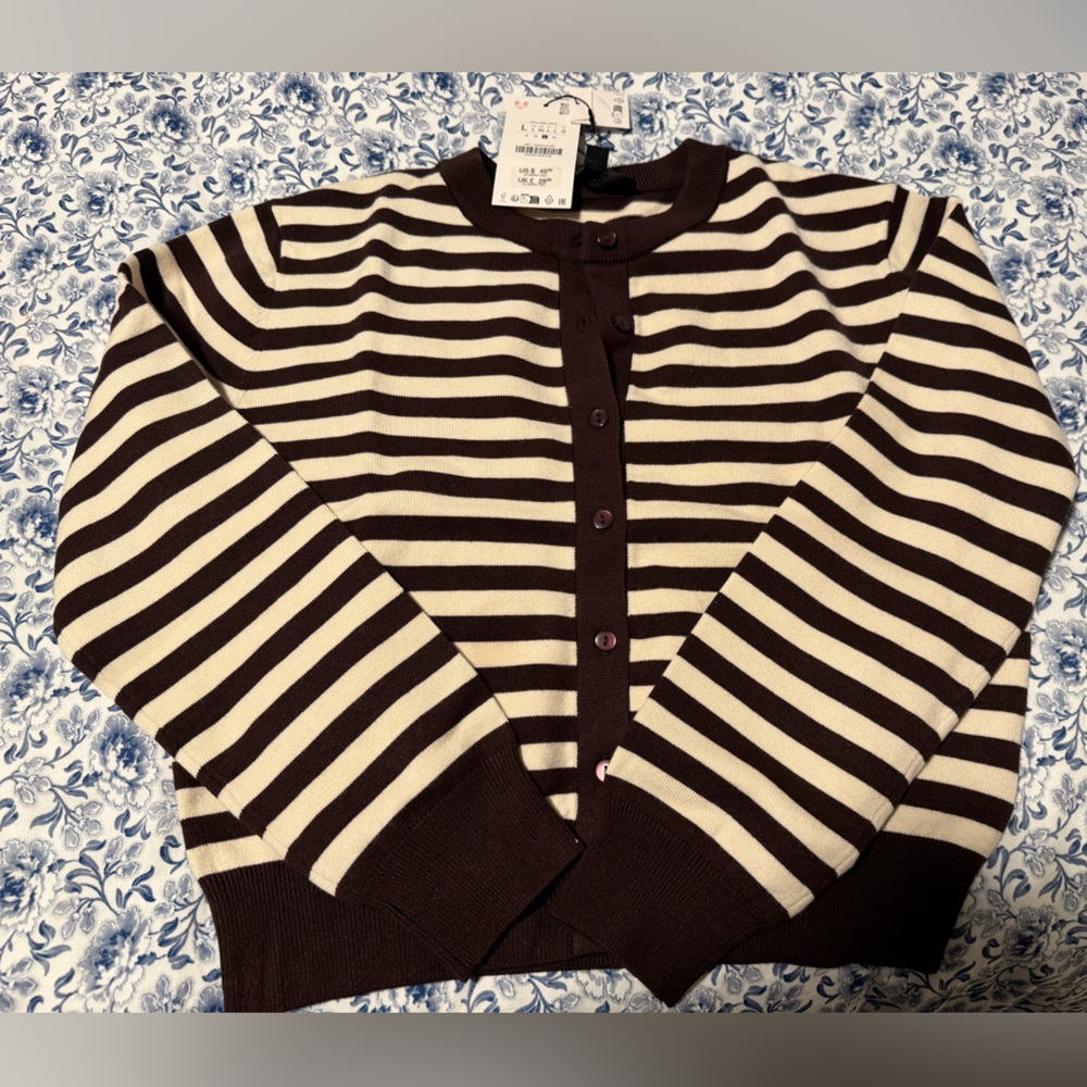 Zara Chocolate and Cream Cropped Striped Cardigan, Size L